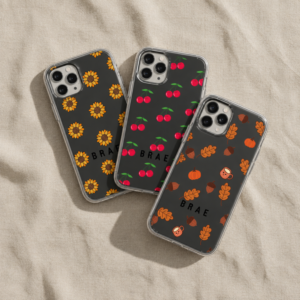 Brae North mixed iPhone and Samsung clear-case flat lay